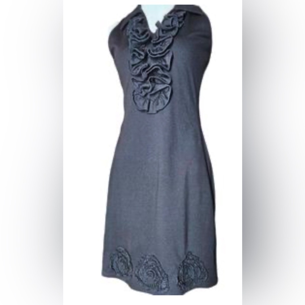 Samuel Dong Black Ruffle Dress with Floral embroidery at the bottom, siz…